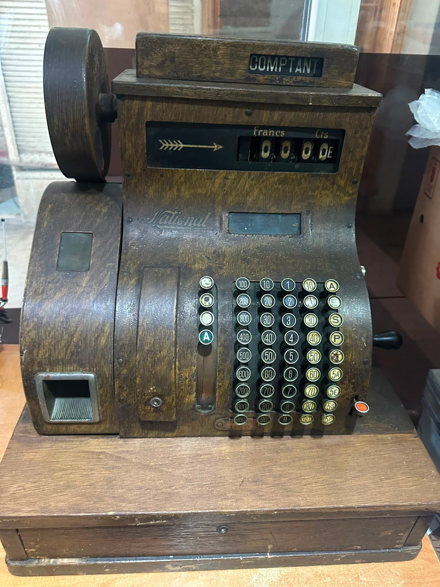 Hand-Crank Cash Register with Wood-Grain Surface