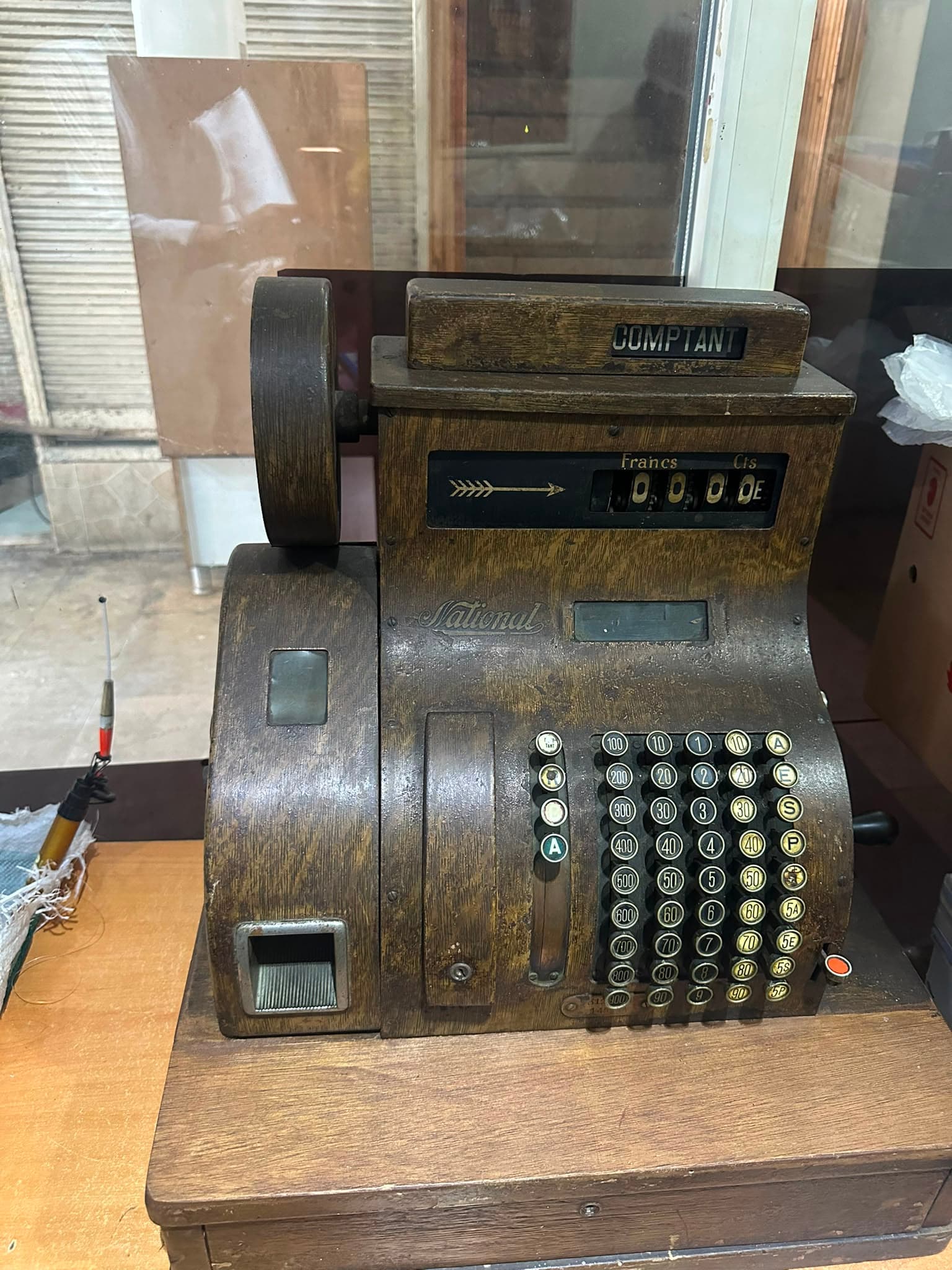 Hand-Crank Cash Register with Wood-Grain Surface
