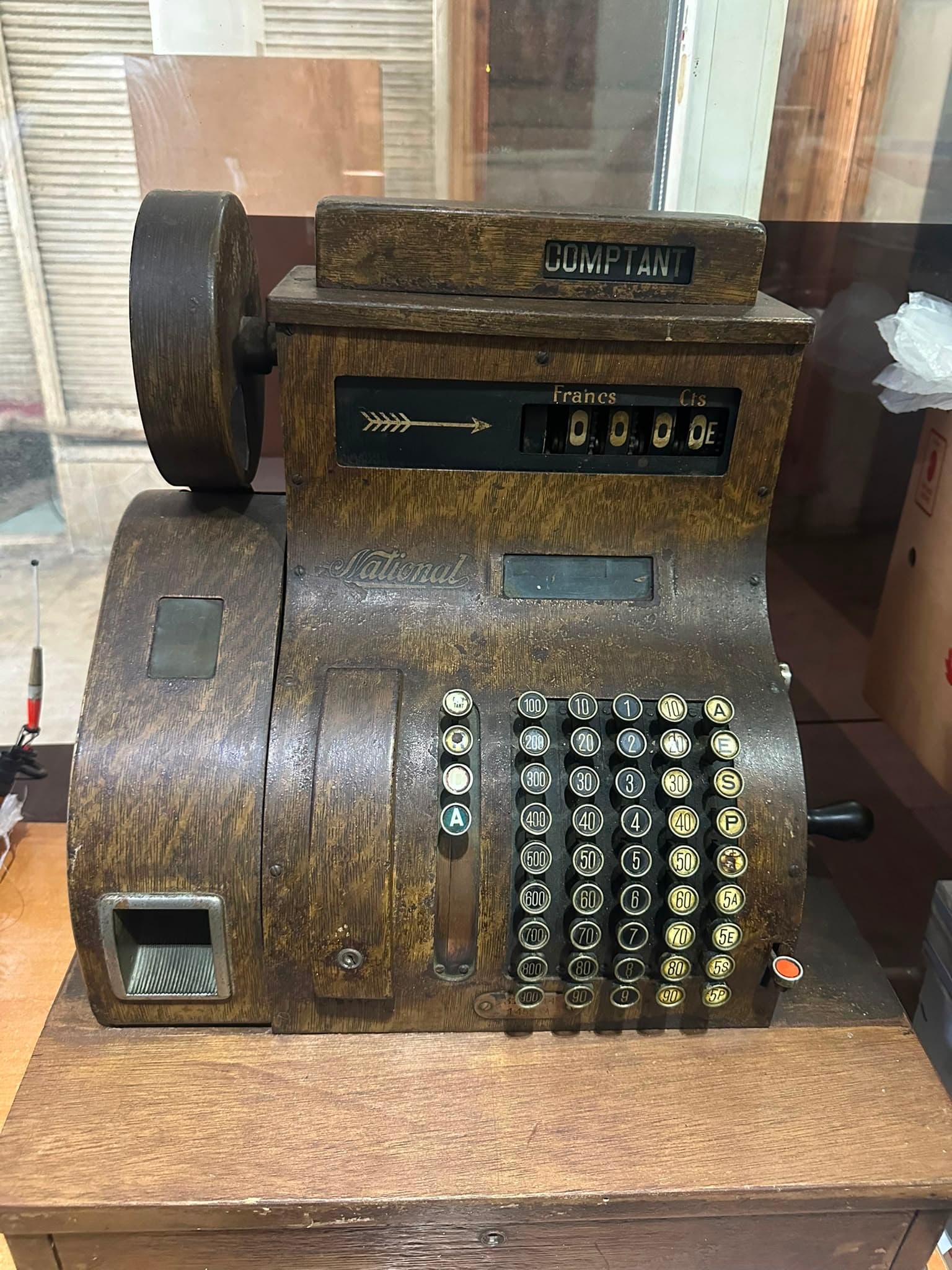 Hand-Crank Cash Register with Wood-Grain Surface