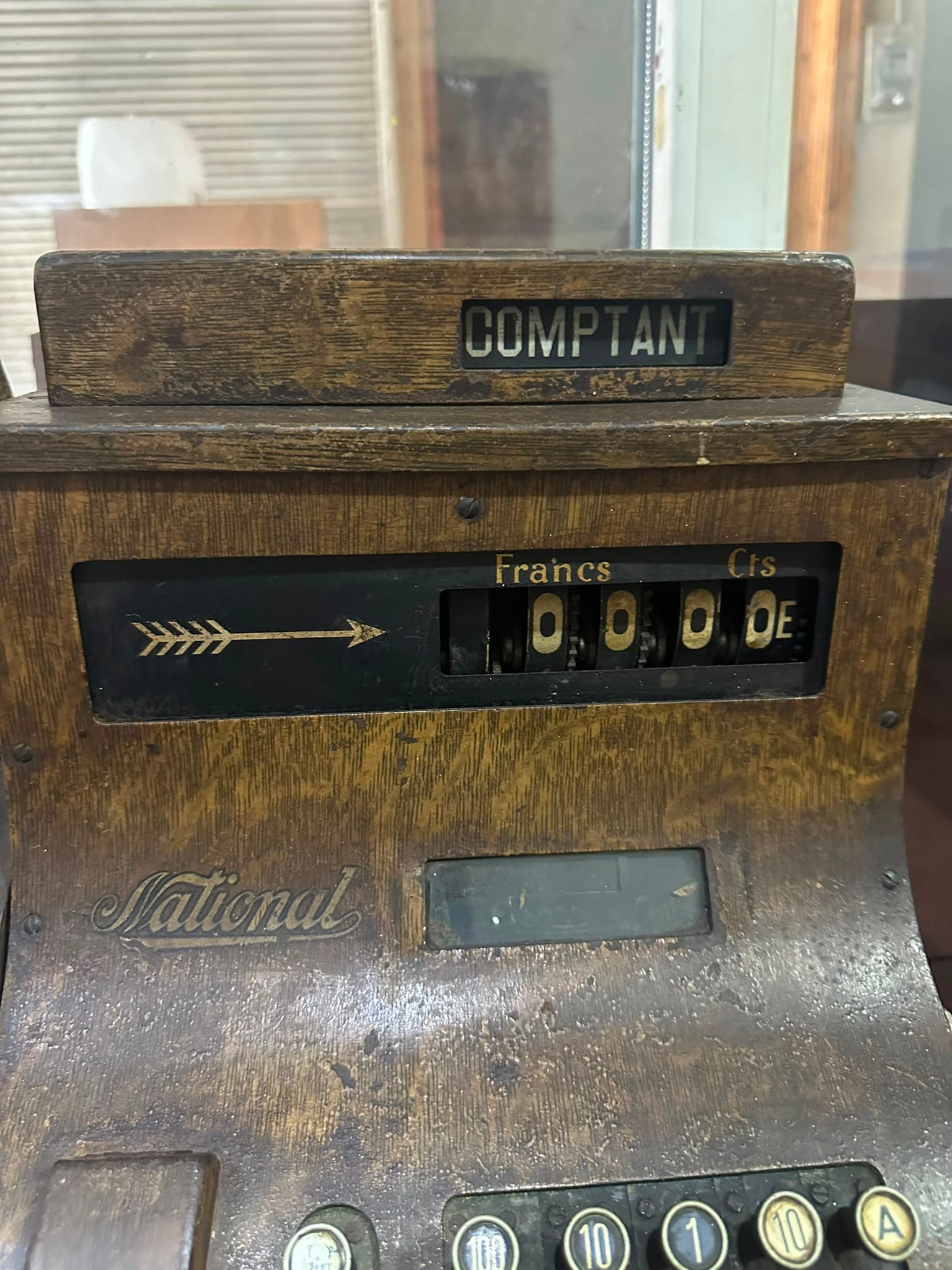 Hand-Crank Cash Register with Wood-Grain Surface