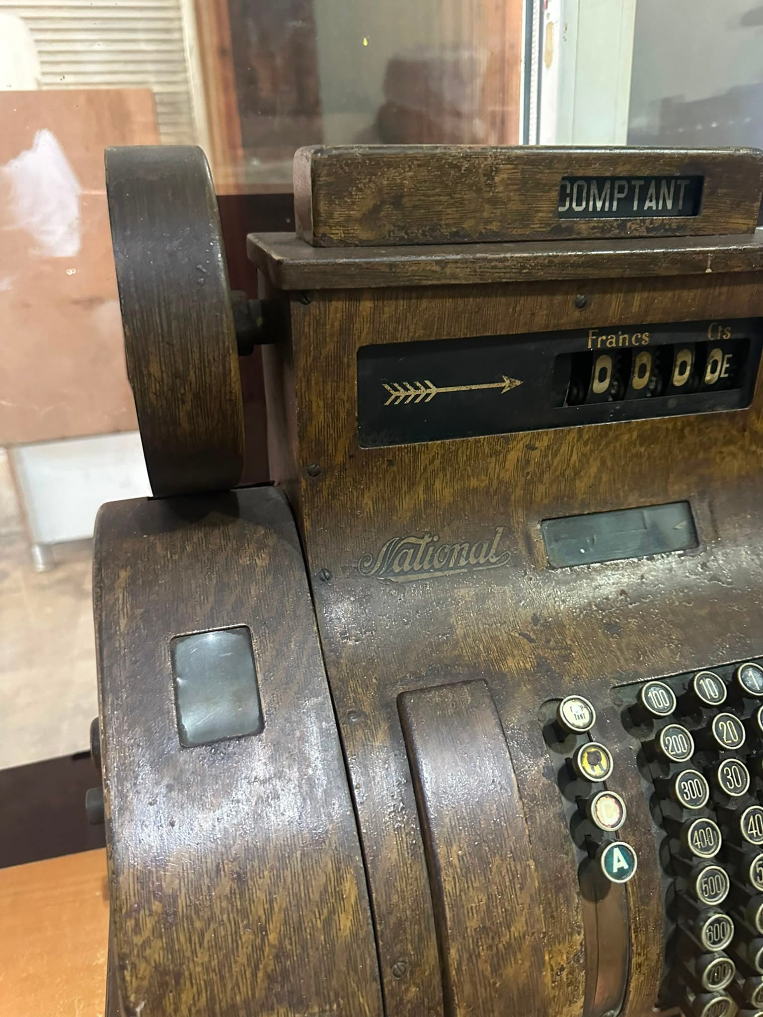 Hand-Crank Cash Register with Wood-Grain Surface