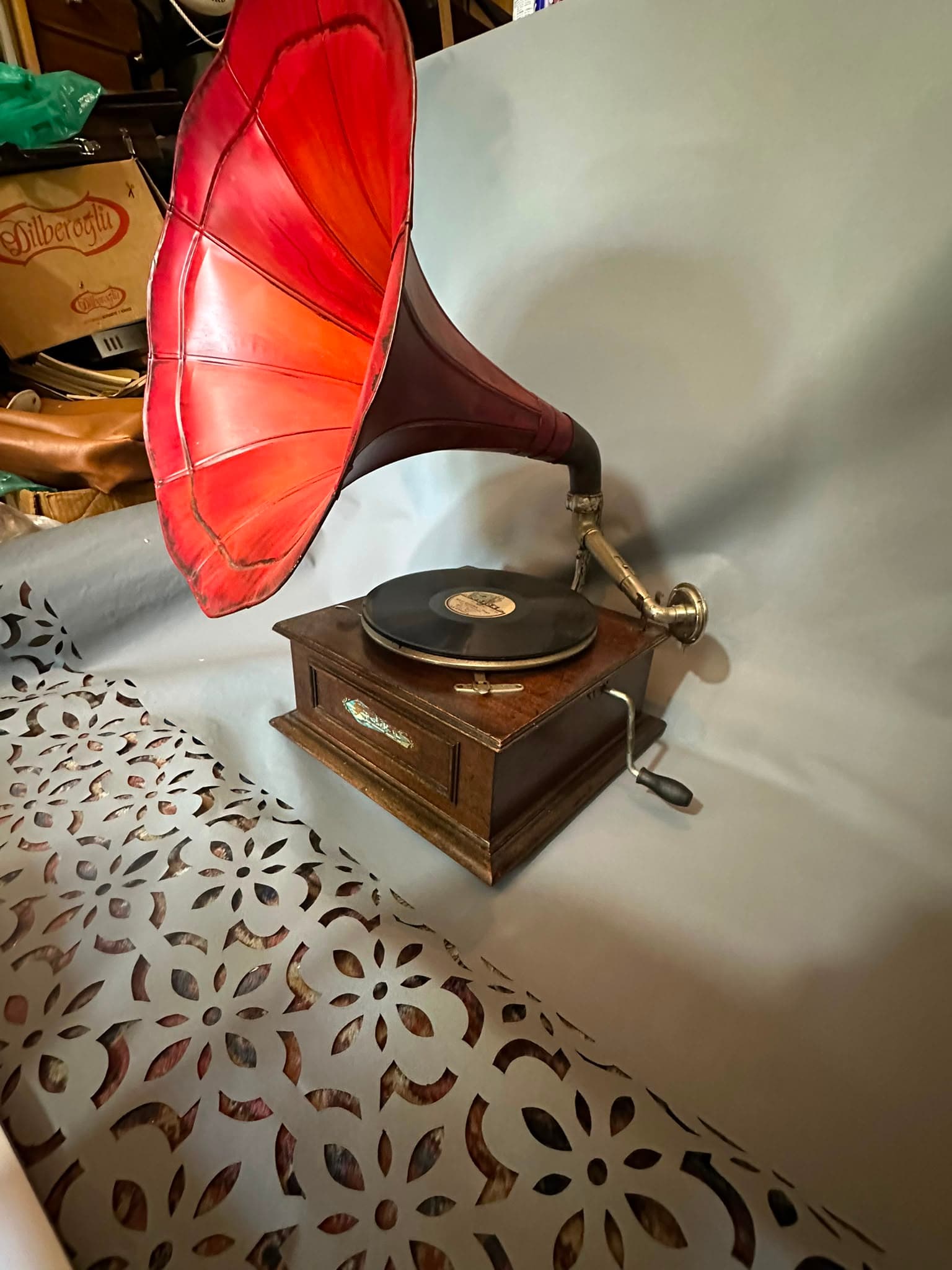 Hand-Crank Gramophone with Red Horn