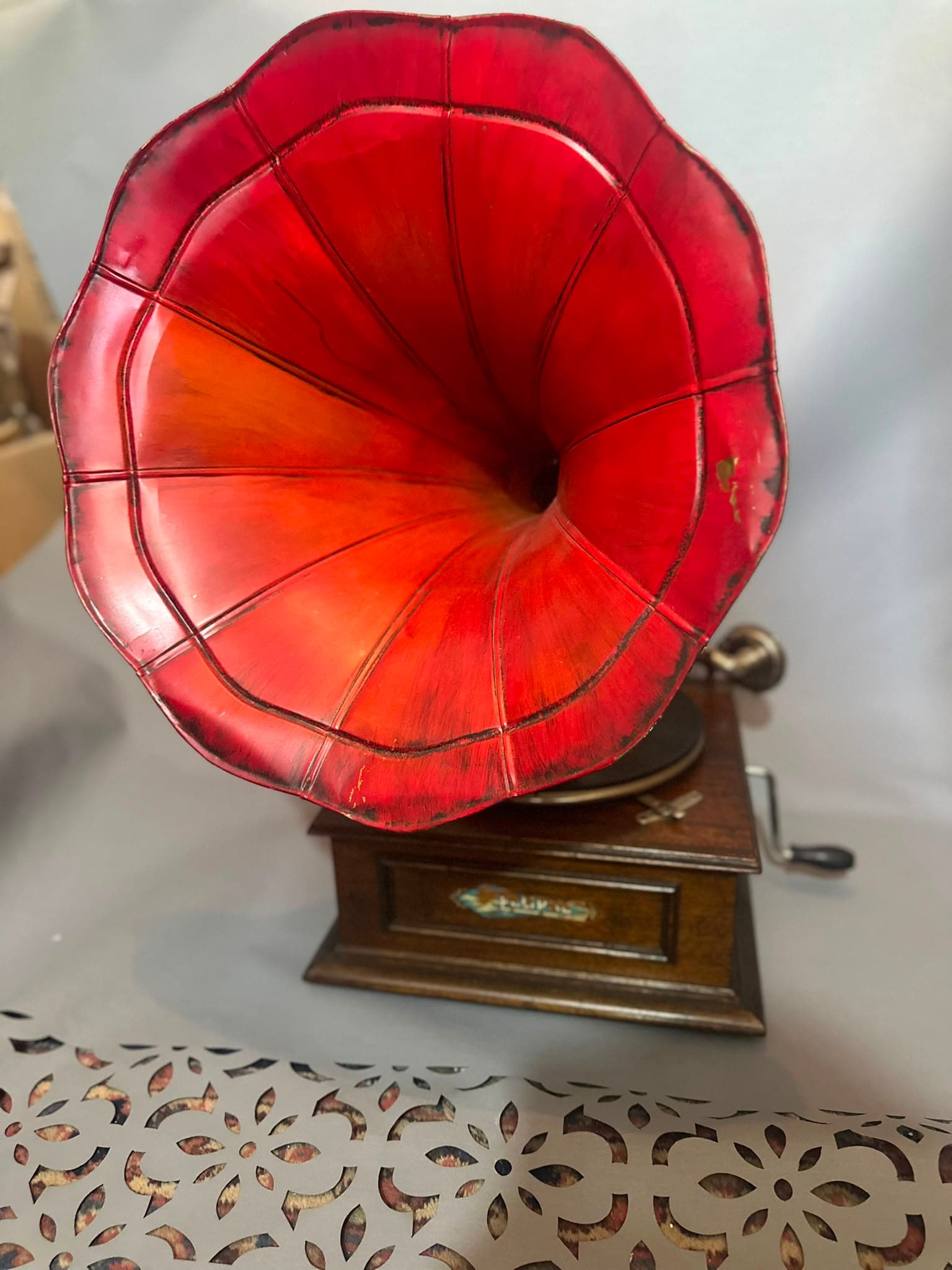 Hand-Crank Gramophone with Red Horn